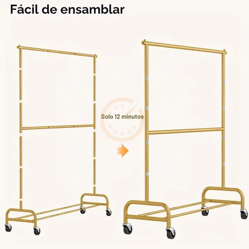 Vista 7 de MISSLO Perchero resistente para ropa con ruedas, para colgar ropa, para abrigo, vestuario, dorado (doble barra)