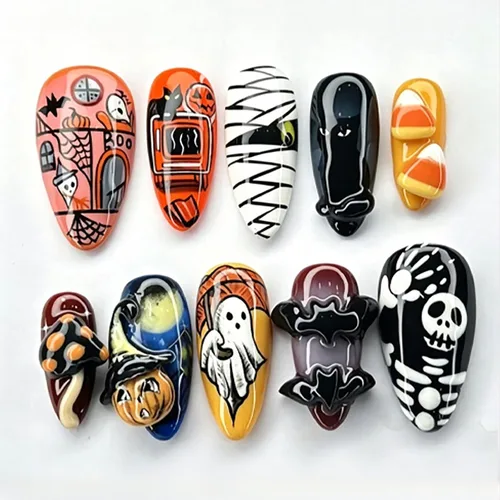 Vista 43 de Paquete de 6 144 uñas acrílicas de Halloween a presión, uñas postizas reutilizables de cobertura completa, uñas postizas adhesivas con pegamento H103