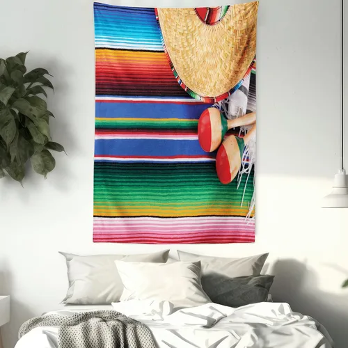 Vista 7 de Lunarable Tapiz mexicano, impresión temática de cultura mexicana de un sombrero de maracas y serape, alfombra de arte popular, decoración de tela