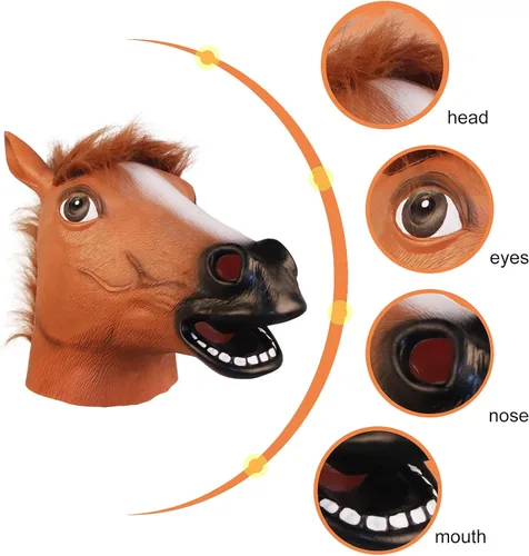 Vista 3 de MAKEATREE Máscara de cabeza de caballo, divertido disfraz de látex de goma de animal para fiesta de adultos, Halloween, Navidad, máscaras, cosplay