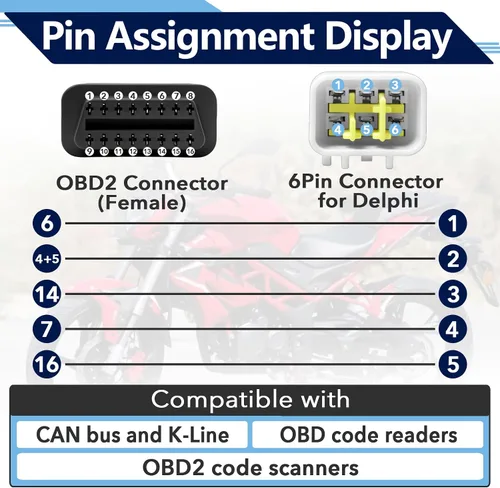 Vista 6 de Cable de diagnóstico OBDII de 6 pines a 16 pines para Delphi, motocicleta 6 pines a 16 pines adaptador OBD2 conector para Delphi y Suzuki
