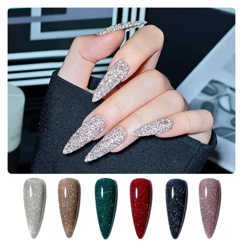 Vista 2 de GAOY Juego de esmalte de uñas de gel con brillantina reflectante de 6 colores, incluye colores rosa, plateado, rojo, verde, kit de esmalte de gel
