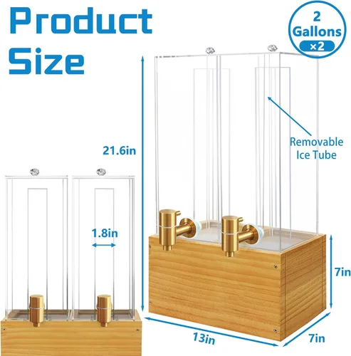 Vista 3 de Paquete de 2 dispensadores de bebidas de 2 galones, dispensador grande de bebidas con soporte de madera, dispensador de bebidas con núcleo de hielo