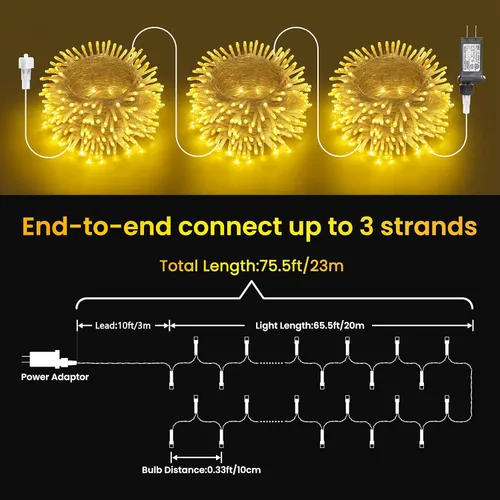 Vista 6 de Luces de Navidad para interiores y exteriores, tira de 200 luces LED para Navidad, de 23 m, con 8 modos, se puede conectar con otras tiras, Blanco