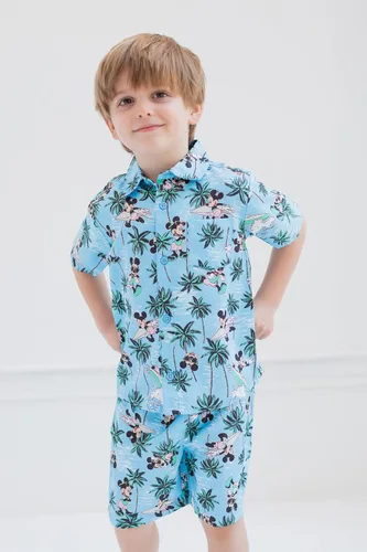 Vista 3 de Disney Mickey Mouse - Conjunto de camisa hawaiana con botones y pantalones cortos de Minnie Mouse para niños pequeños a niños grandes (2T - 14-16)