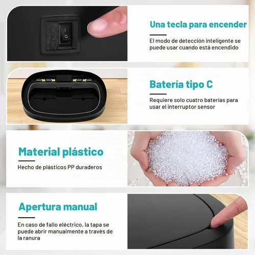 Vista 5 de Basurero automático de 13 galones para cocina con tapa, bote de basura sin contacto con sensor de movimiento - higiénico, control de olores