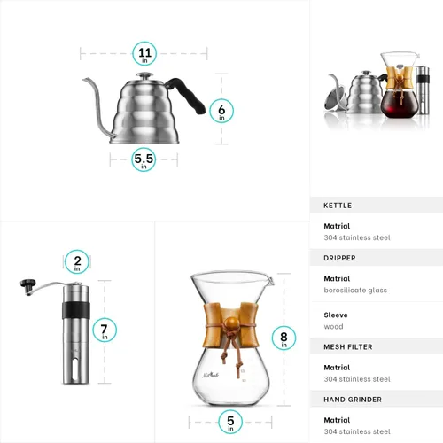 Vista 6 de Juego de cafetera vertida, el kit incluye hervidor de cuello de cisne de 40 onzas con termómetro, molinillo de café y cafetera de goteo de café