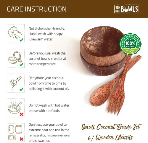Vista 4 de Rainforest Bowls 2 cuencos de coco pequeños ecológicos (crudo y original) con 2 tenedores de madera de coco, 100% natural, juego de cocina orgánico