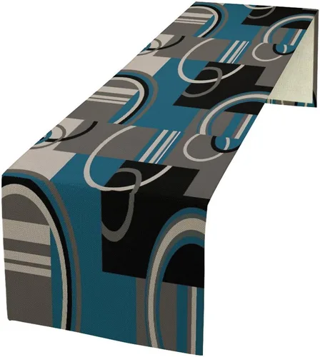 Vista 30 de Camino de mesa abstracto azul y gris, arte moderno, vintage, de arpillera oscura, camino de cena para granja, cabaña, café, cocina, comedor, fiesta
