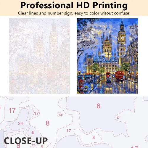 Vista 4 de TUMOVO Big Ben Kit de pintura por números para adultos, kit de pintura por números por números, pintura de calle Londres por números para adultos