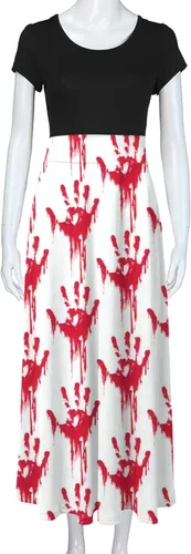 Vista 4 de Vestido largo con estampado de Halloween para mujer, manga corta, talla grande, holgado, para fiesta en la playa, cuello redondo, casual, vestido
