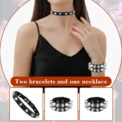 Vista 6 de Pulsera de Halloween, collares, accesorios de cuero con tachuelas, con tachuelas emo, punk, góticas, collares para mujeres y hombres
