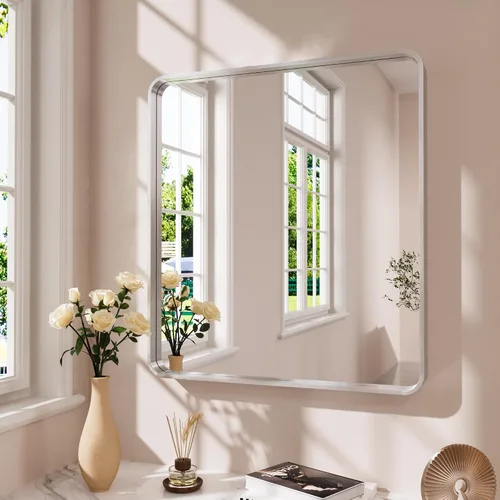 Vista 19 de JISOSO - Espejo de baño negro de 20x30 pulgadas con marco de metal negro, espejo de tocador rectangular redondeado con acabado mate para pared
