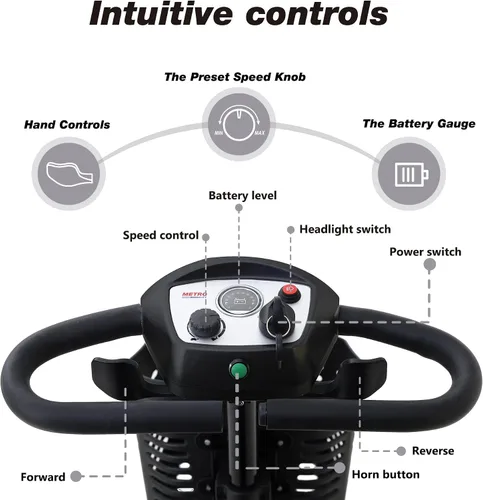 Vista 3 de Metro Mobility Scooter, scooter de movilidad de 4 ruedas para adultos/personas mayores, capacidad de 300 libras, con cargador y 2 baterías Negro