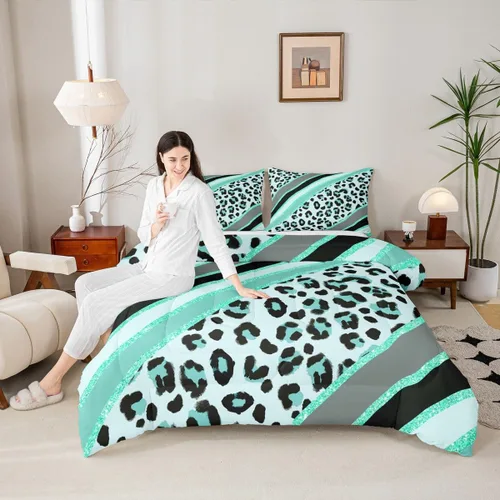 Vista 39 de Juego de edredón con estampado de leopardo para niños, tamaño individual, juego de ropa de cama de moda de piel de guepardo abstracto, decoración