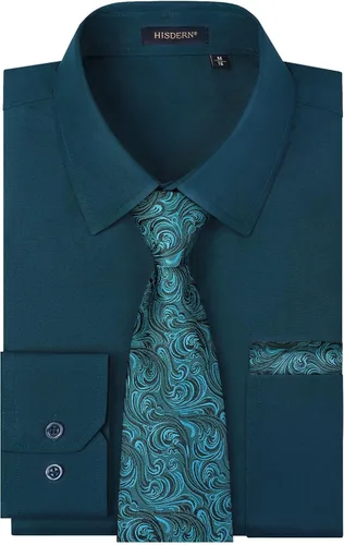 Vista 49 de HISDERN Mens Dress Shirt with Tie Pocket Square Set Classic Button Down Shirt Matching Tie Long Sleeve Shirts 08-verde
