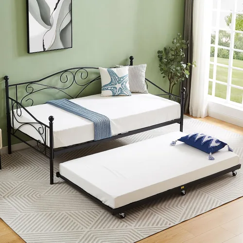 Vista 23 de VECELO - Marco de sofá cama de tamaño individual con soporte de listones de acero, cabecero, plataforma de cama para sala de estar, habitación