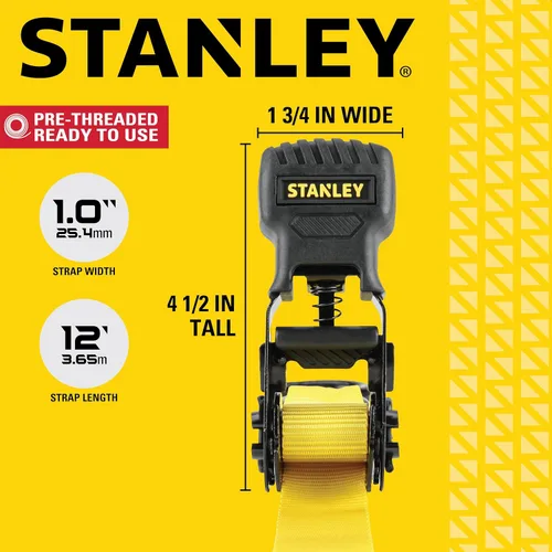 Vista 6 de STANLEY S10002-12 Correas de trinquete negras/amarillas de 1" X 12' - Carga de trabajo segura de 500 LBS / Fuerza de rotura de 1,500 LBS, paquete
