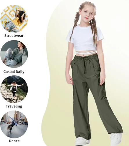 Vista 4 de Rolanko Pantalones de paracaídas para niñas, pantalones cargo Y2K con bolsillos, pantalones deportivos Harajuku para niños de 4 a 14 años