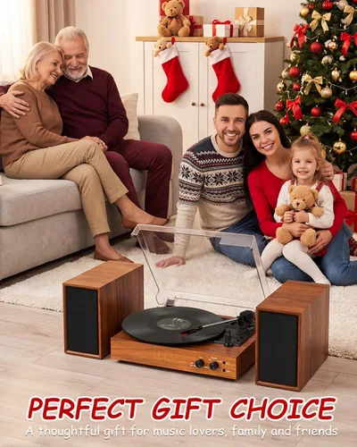 Vista 8 de Tocadiscos de vinilo vintage con altavoces estéreo externos, tocadiscos de 3 velocidades con entrada Bluetooth, grabación USB a PC, parada