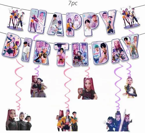 Vista 4 de For K Pop Demon Happy Birthday Banner, Party Decoration With 6 Vortex Decorative Pendants