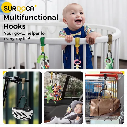 Vista 6 de SURDOCA Ganchos para cochecito de bebé, clips y ganchos para bolsa de pañales, gancho para bolsa de mamá para cochecito resistente, gancho universal