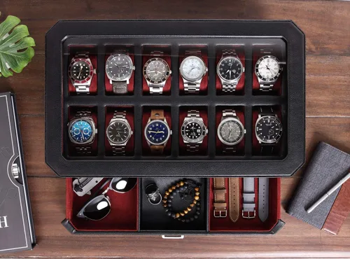 Vista 4 de Juego de regalo Caja de reloj de cuero con 12 ranuras con cajón de valet y funda de viaje a juego para 5 relojes, organizador de exhibición de lujo