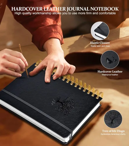 Vista 2 de Cuaderno de espiral rayado de 8.5"×11", 300 páginas con tapa dura de cuero, diarios para mujeres y hombres, cuadernos universitarios rayados A4