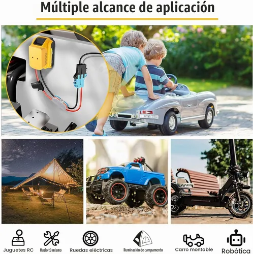 Vista 2 de Adaptador de ruedas eléctricas para Dewalt Adaptador de batería de 20 V, kit de convertidor de batería con fusible, interruptor y conector de arnés