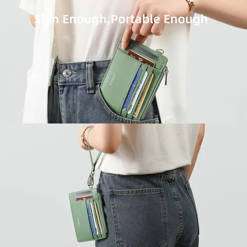 Vista 6 de Cartera de cuero suave con bloqueo RFID para mujer, con bolsillo con cremallera, pulsera delgada, Verde, Elegancia clásica