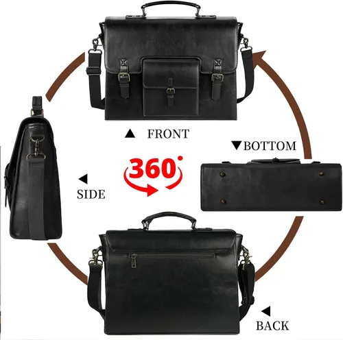Vista 7 de Bolsa de mensajero de cuero para hombres y mujeres, 15.6 pulgadas, impermeable, de cuero vintage, maletín para laptop, bolso de hombro grande, bolsa