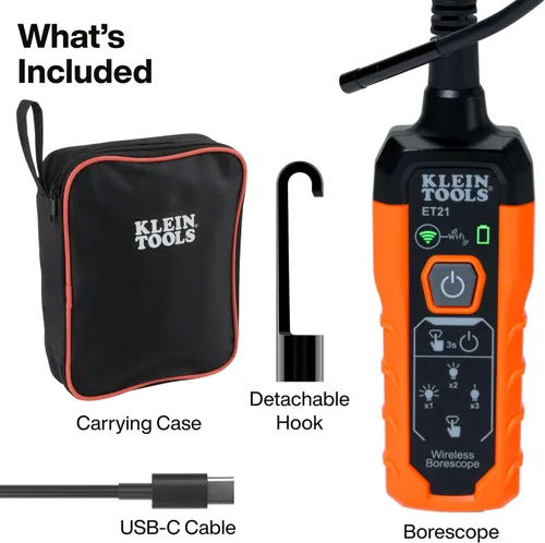 Vista 2 de Klein Tools ET21 Boroscopio WiFi con luz, cámara de inspección para iPhone y Android, cámara impermeable, IP67 clasificada, iluminación LED ajustable