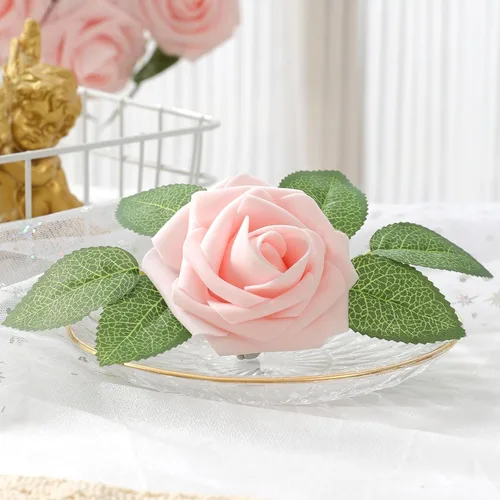 Vista 4 de DerBlue 60 rosas artificiales de aspecto real, rosas artificiales de espuma para decoración de bodas, arreglos, fiestas, decoración del hogar