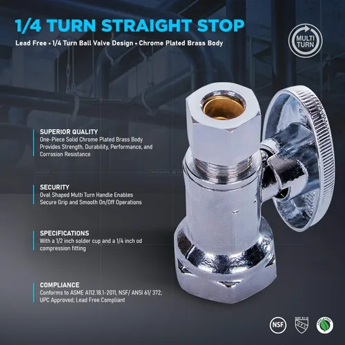 Vista 5 de Midline Valve 82138QS-OM Válvula de parada de suministro de agua con rueda de un cuarto de giro; diseño de una pieza; cierre recto para inodoro