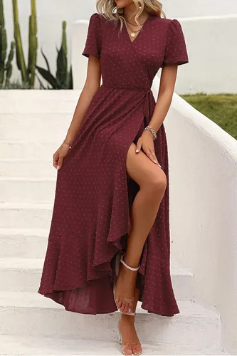 Vista 4 de PRETTYGARDEN - Vestido largo de verano cruzado para mujer, con cuello en V, estilo bohemio, floral, manga corta, dobladillo con volantes