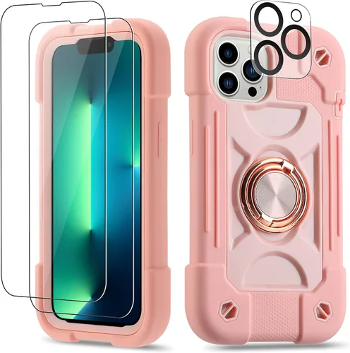 Vista 127 de Funda para iPhone 11 de 6.1 pulgadas con soporte de anillo, con 2 protectores de pantalla de vidrio, resistente a los golpes, resistente a
