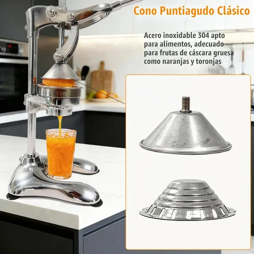 Vista 3 de Exprimidor manual de cítricos 2 en 1 de aluminio fundido, mejorado de hierro, cono de embudo en acero inoxidable 304, alto 17.72 pulgadas, máquina