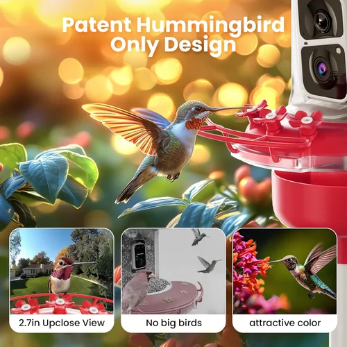 Vista 5 de Soliom Comedero de colibríes con cámara, comedero inteligente para pájaros con vista en vivo 2K, identificación de especies AI, a prueba de fugas