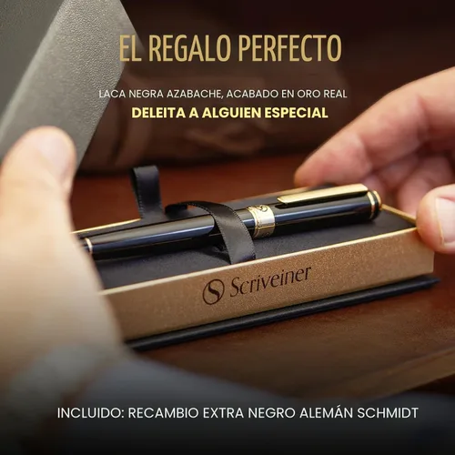 Vista 3 de Scriveiner Bolígrafo Rollerball de Laca Negra - Impresionante Bolígrafo de Lujo, Chapado en Oro Real, Repuesto de Tinta Schmidt, El Mejor Set de 1.