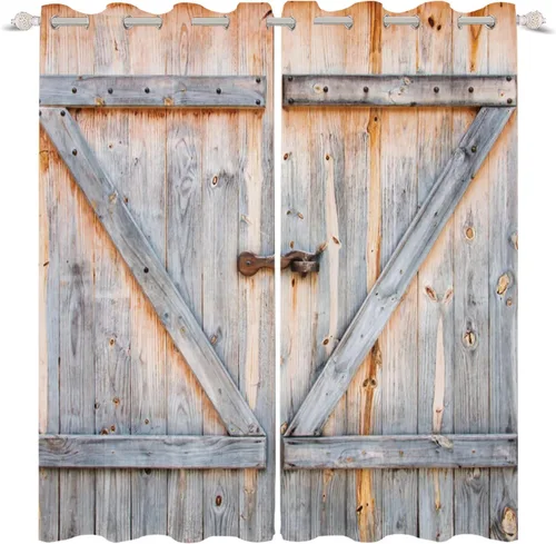 Vista 93 de Cortinas rústicas para ventana de puerta de granero, puerta de madera gris, puerta de garaje, tratamiento de ventana para sala de estar, dormitorio