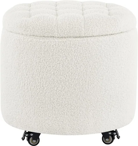 Vista 14 de Furniliving Moderno otomano redondo de almacenamiento, otomano tapizado con botones capitoné con tapa extraíble, taburete de almacenamiento