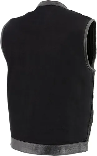 Vista 7 de Milwaukee Leather MDM3010 - Chaleco de motociclista estilo club de mezclilla negra para hombre con ribete de cuero y cremallera oculta