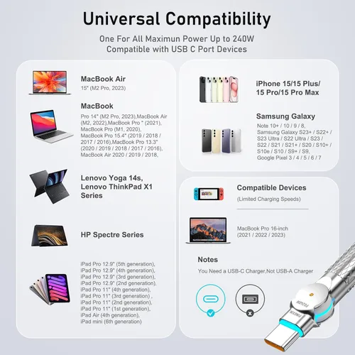 Vista 7 de Cable USB C de 3.3 pies, 240 W, trenzado, giratorio de 180°, USB C a USB C, cable USB 2.0, tipo C, cable de carga para iPhone 16/16Pro/16Plus/16Pro