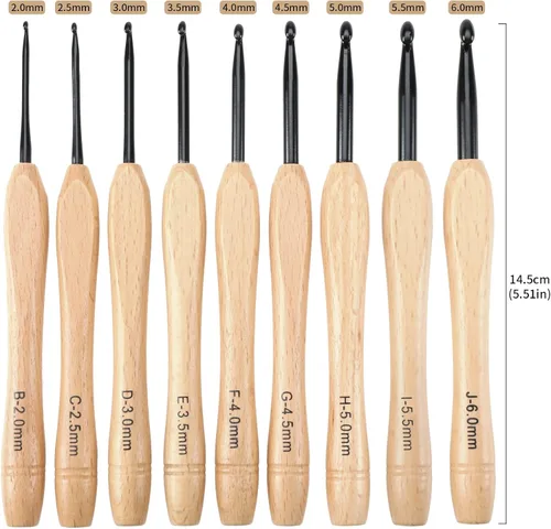 Vista 5 de Create idea Juego de 9 ganchos de ganchillo con mango plano ergonómico, agarre de madera para tejer a ganchillo, suministros ligeros de 0.079