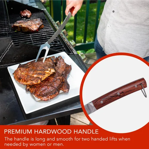 Vista 2 de Tenedor de parrilla de 24 pulgadas súper largo para asar a la parrilla y hoguera, cuello curvado extra fuerte, mango de madera dura de alta calidad