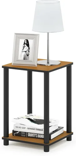 Vista 10 de Furinno Claude Mesa Auxiliar, Mesa Lateral de Mediados de Siglo con Estación de Carga, Mesita de Noche con Patas de Madera, Mesa de Cabecera