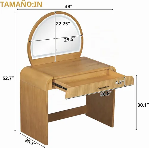 Vista 7 de Montary Mesa de tocador de maquillaje de 39 pulgadas con espejo iluminado con pantalla táctil, tocador de madera de goma con cajón grande