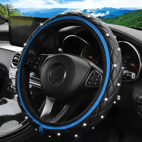 Vista 9 de Funda de cuero brillante para volante, 15 pulgadas, antideslizante, elástico, protector de volante con diamante brillante para mujeres y niñas