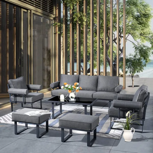 Vista 10 de HOOOWOOO Juego de 4 muebles de patio al aire libre, sofá de conversación moderno exterior de aluminio, asiento de sofá resistente a la intemperie
