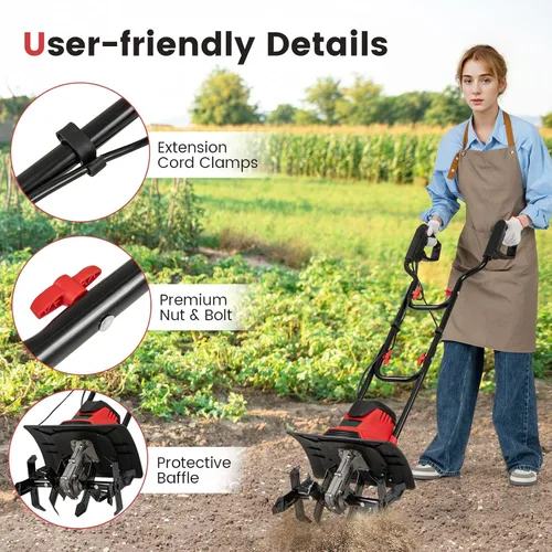 Vista 5 de Goplus Cultivador eléctrico con cable, 10 amperios potente rotiler plegable de jardín con ancho de labranza de 14 pulgadas y profundidad de trabajo